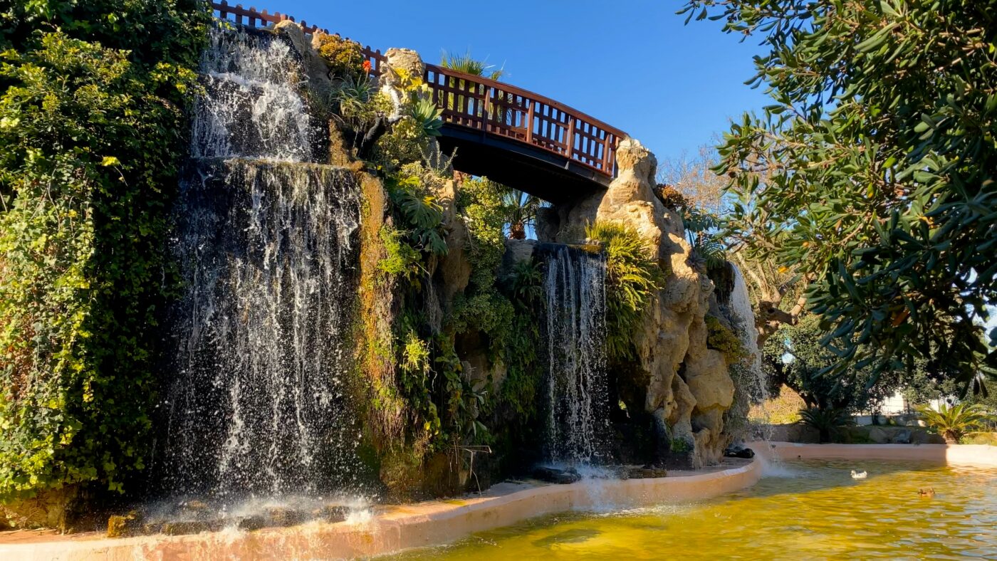 Waterfall in Parque Genovés, botanical garden, Cádiz, Spain